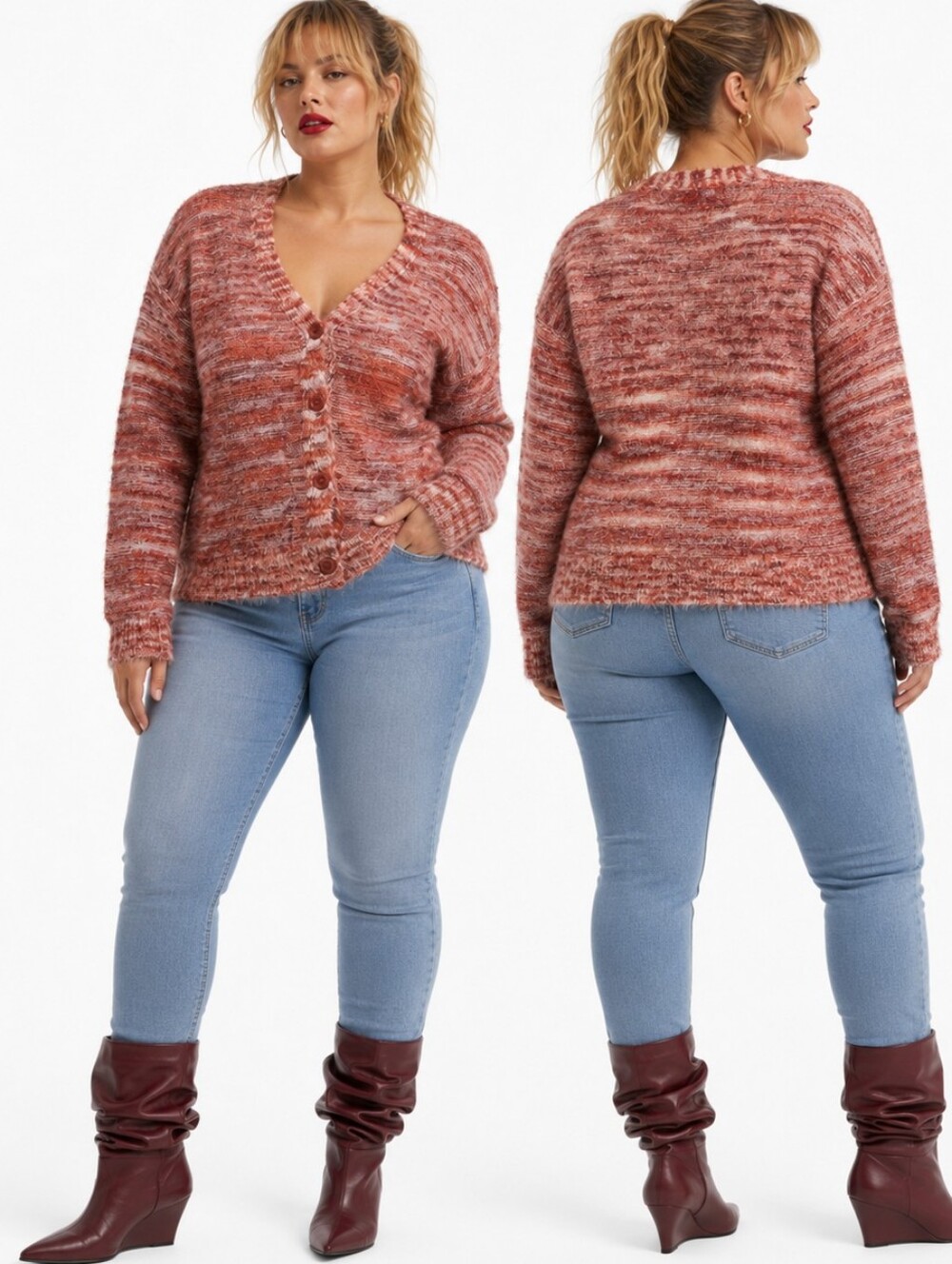 NWT Marled Fuzzy Knit Button Front Cardigan Sweater Eyelash Maroon Textured